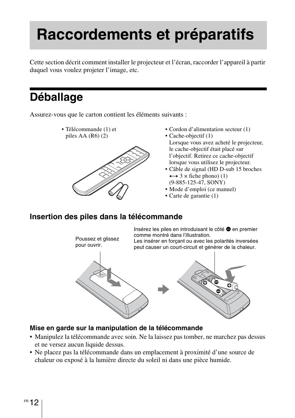 Raccordements et préparatifs, Déballage | Sony VPL-BW7 User Manual | Page 74 / 324