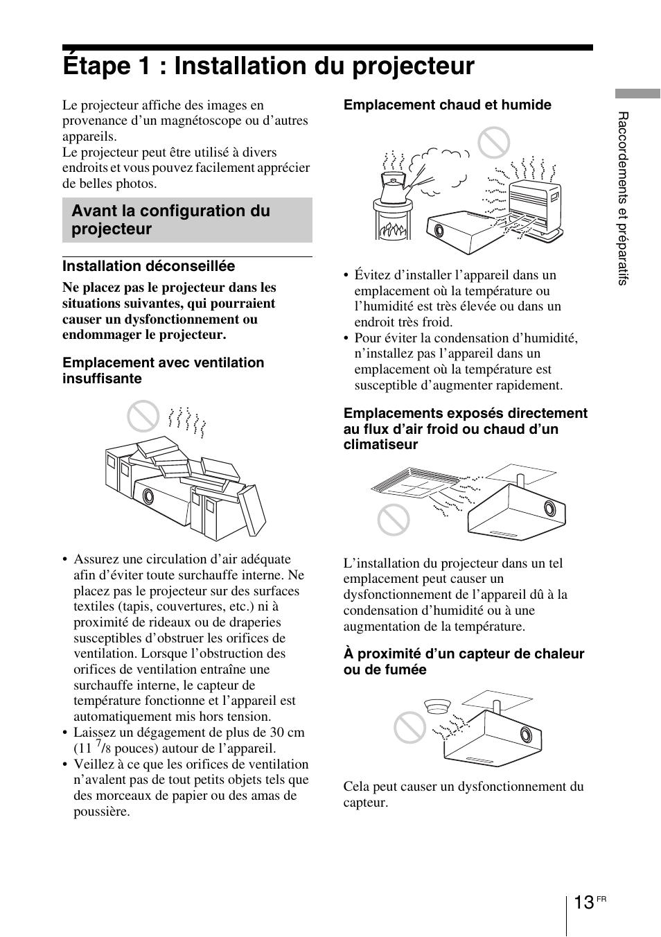 Étape 1 : installation du projecteur, Avant la configuration du projecteur, Avant la configuration du | Projecteur | Sony VPL-BW7 User Manual | Page 75 / 324