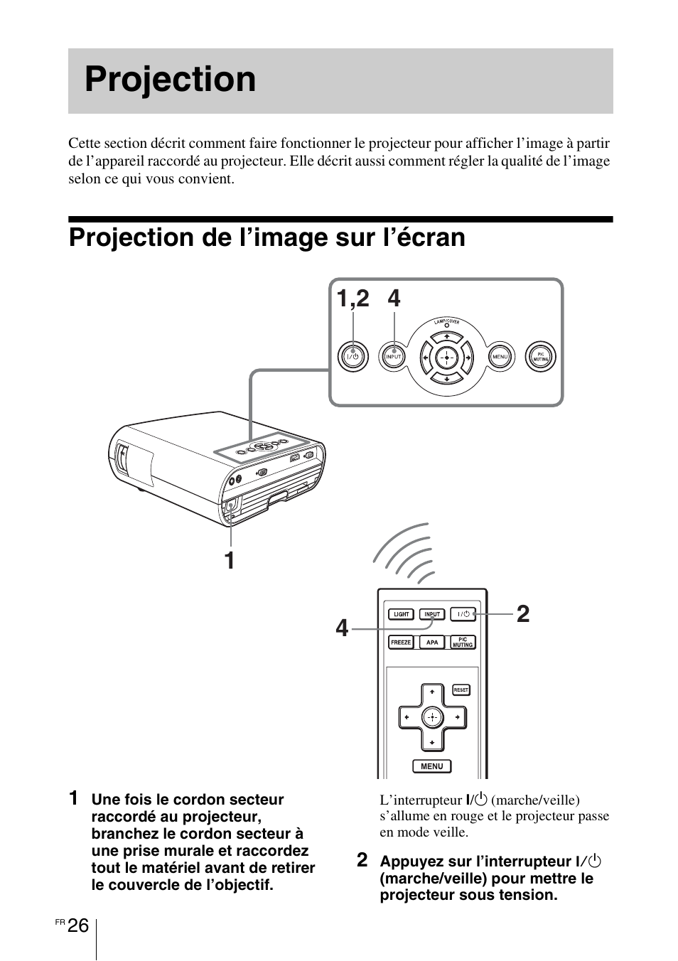 Projection, Projection de l’image sur l’écran | Sony VPL-BW7 User Manual | Page 88 / 324