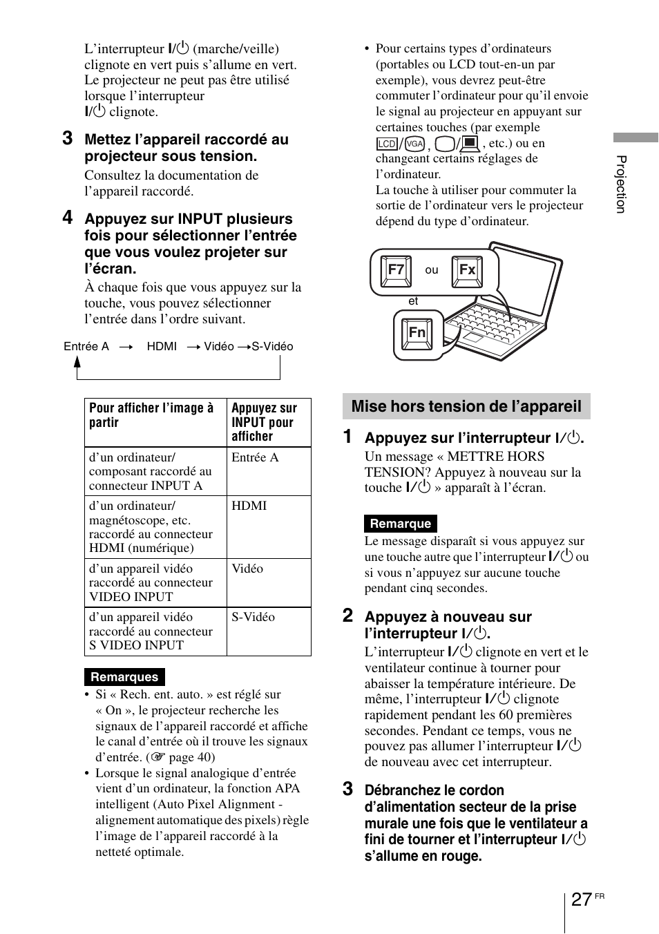 Mise hors tension de l’appareil | Sony VPL-BW7 User Manual | Page 89 / 324