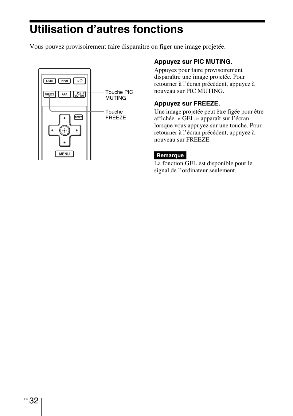 Utilisation d’autres fonctions | Sony VPL-BW7 User Manual | Page 94 / 324