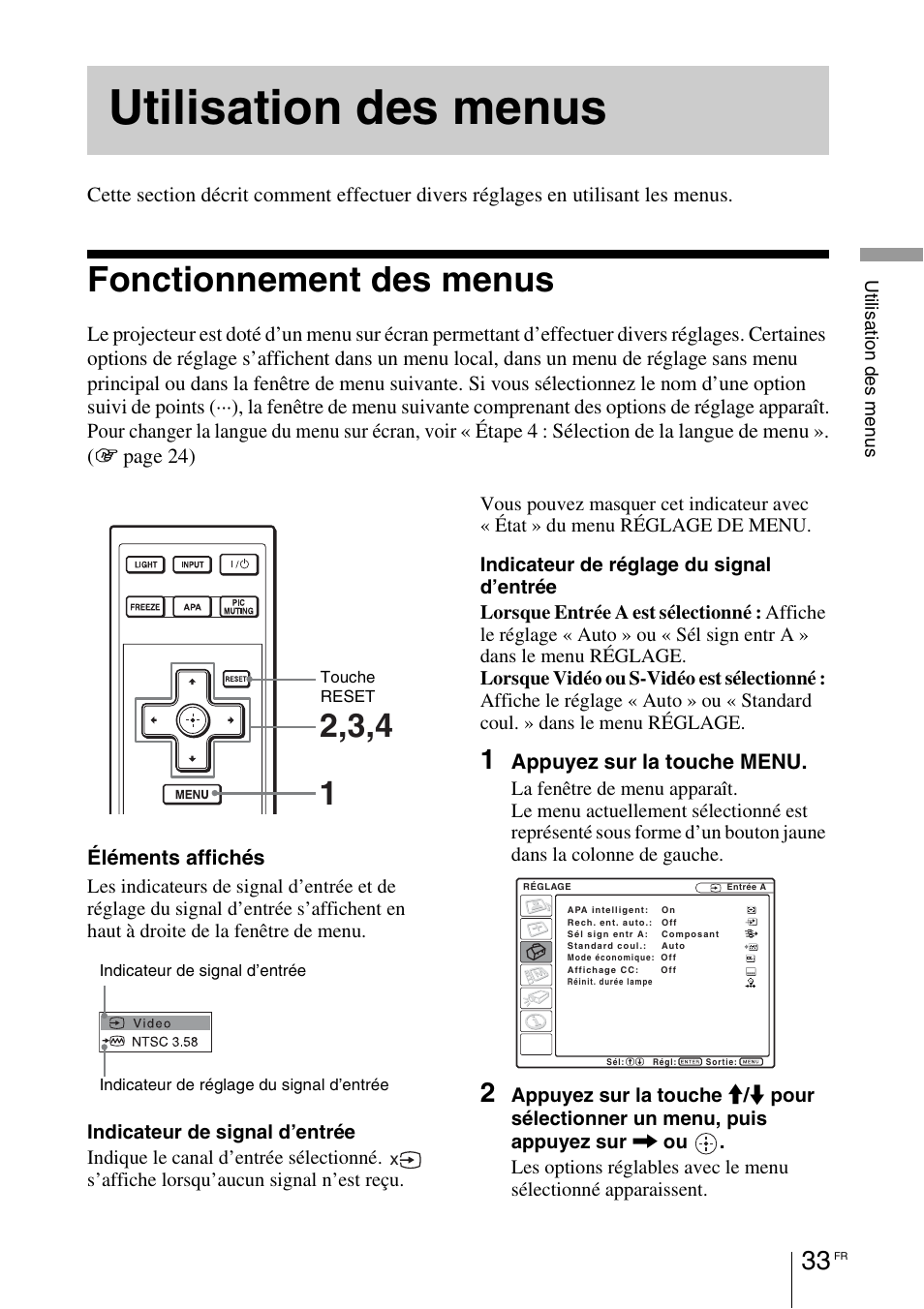 Utilisation des menus, Fonctionnement des menus | Sony VPL-BW7 User Manual | Page 95 / 324