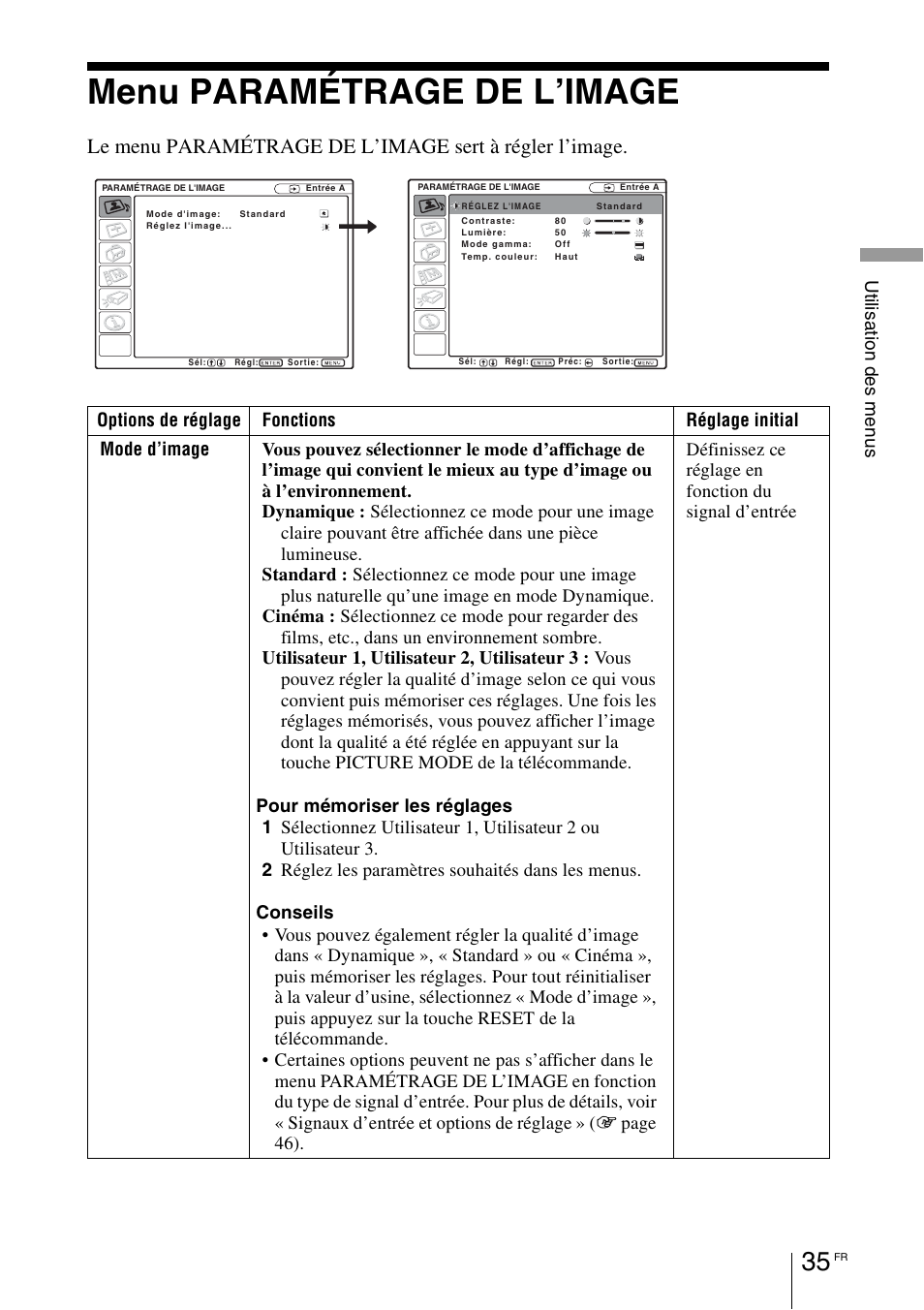 Menu paramétrage de l’image, Menu paramétrage de, L’image | Sony VPL-BW7 User Manual | Page 97 / 324