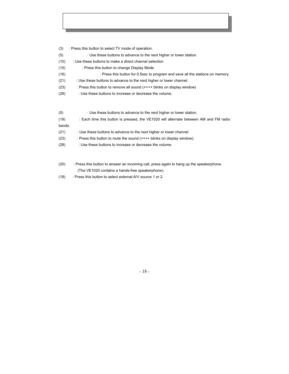 Remote control functions | Audiovox VE1020 User Manual | Page 18 / 29