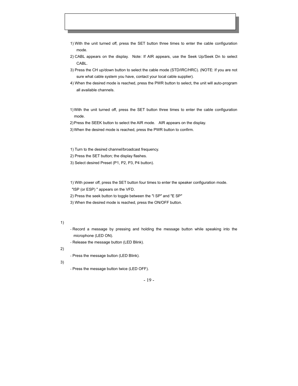 Modes of operation | Audiovox VE1020 User Manual | Page 19 / 29