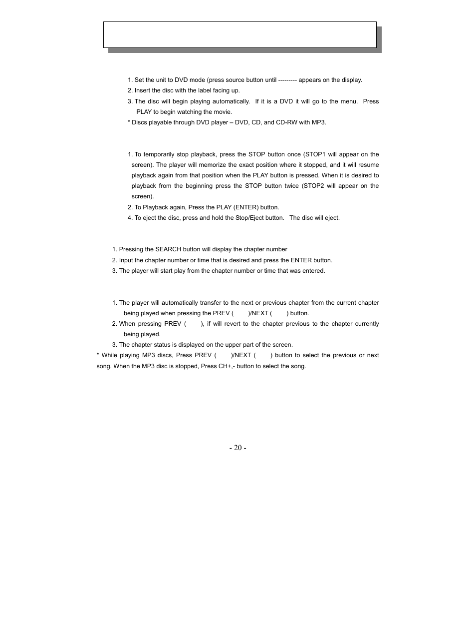 Using the remote control functions | Audiovox VE1020 User Manual | Page 20 / 29