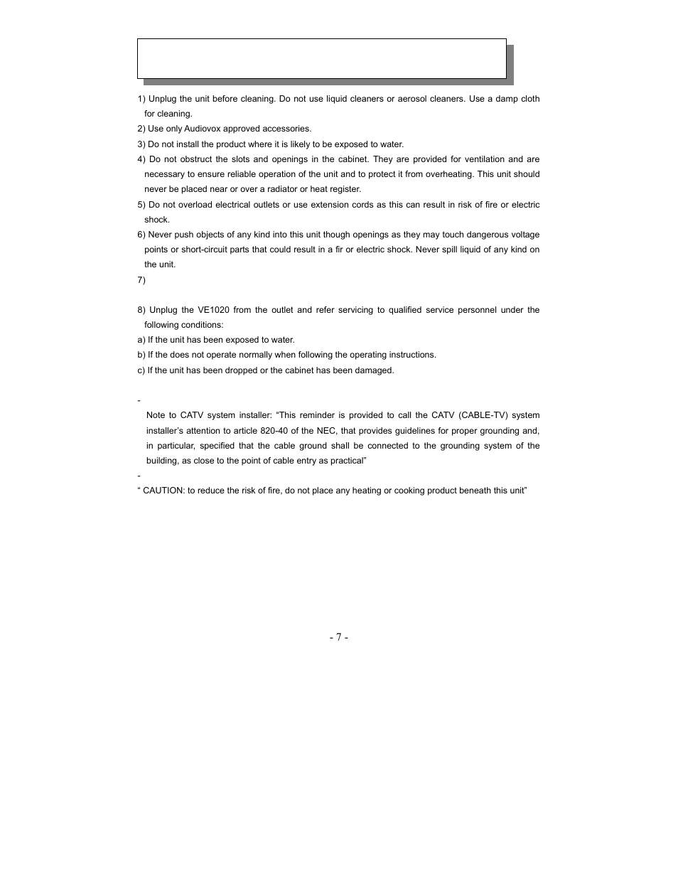 Important safety information | Audiovox VE1020 User Manual | Page 7 / 29