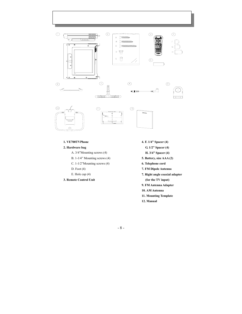 Contents of package | Audiovox VE1020 User Manual | Page 8 / 29