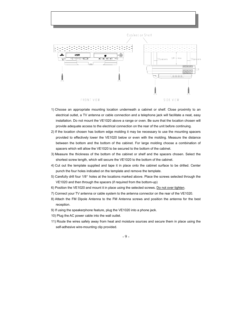 Under cabinet installation | Audiovox VE1020 User Manual | Page 9 / 29