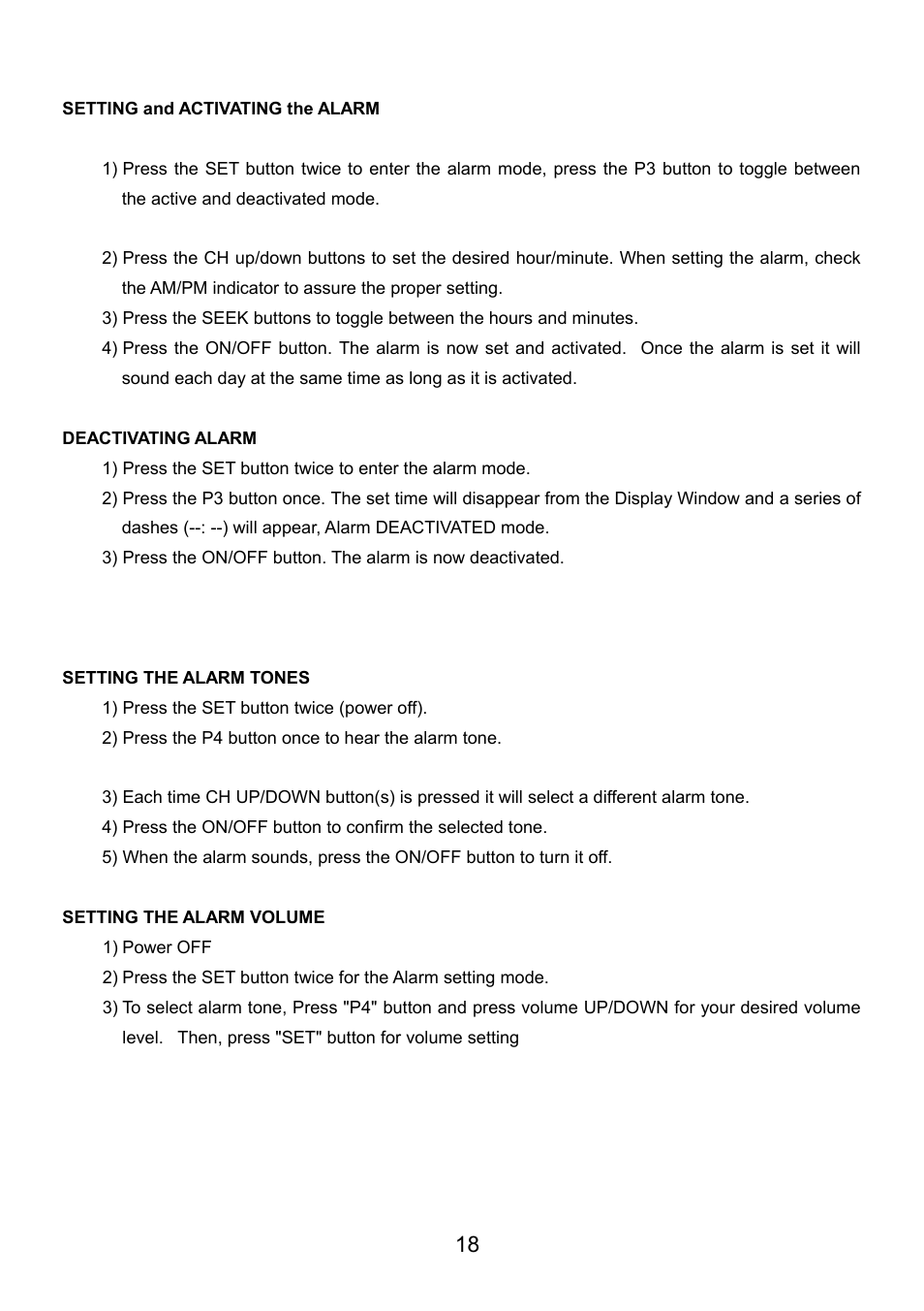 Setting and activating the alarm, Deactivating alarm, Setting the alarm tones | Setting the alarm volume | Audiovox VE726 User Manual | Page 19 / 33