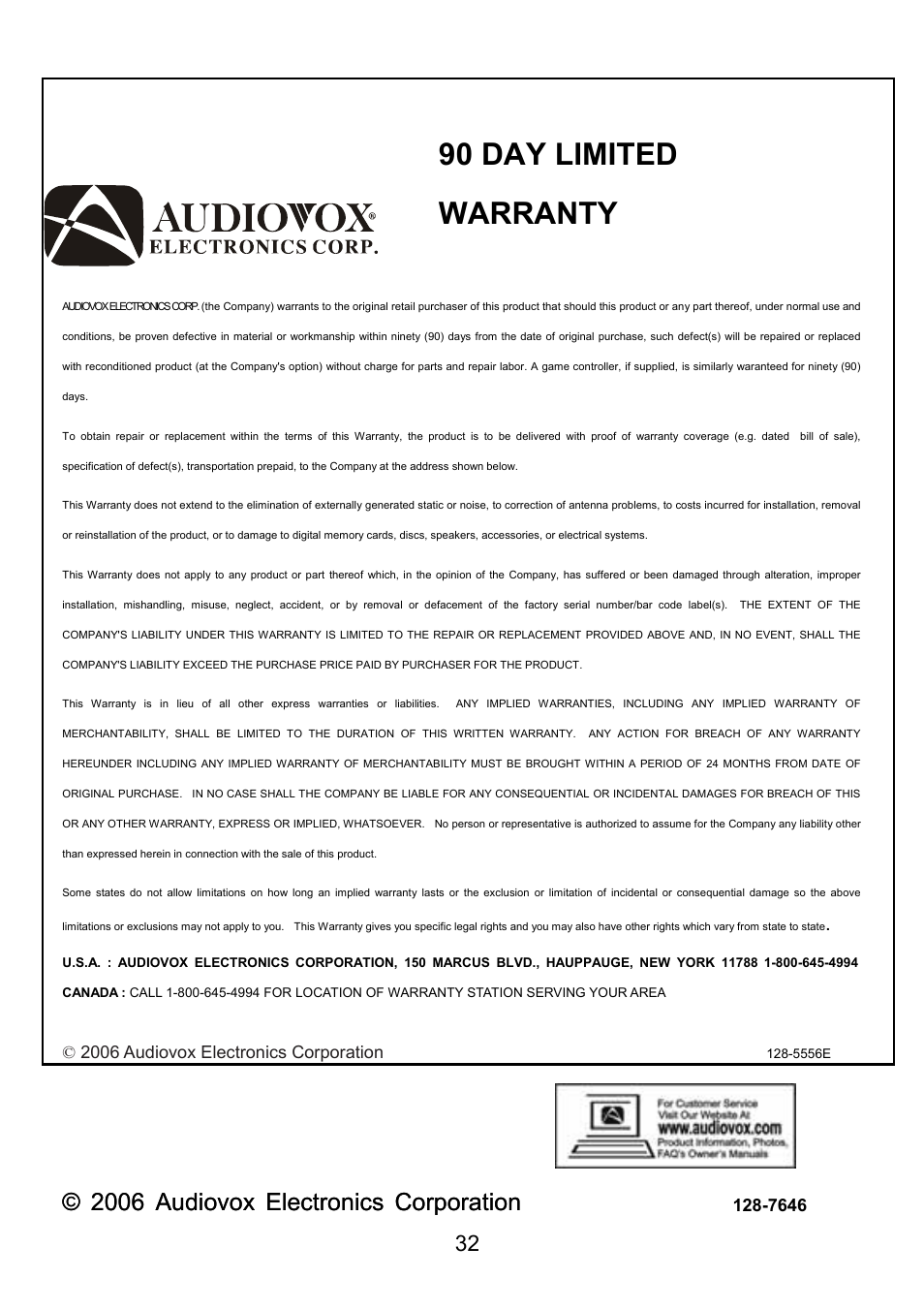 90 day limited warranty, 2006 audiovox electronics corporation, Applies to audiovox video products | Audiovox VE726 User Manual | Page 33 / 33