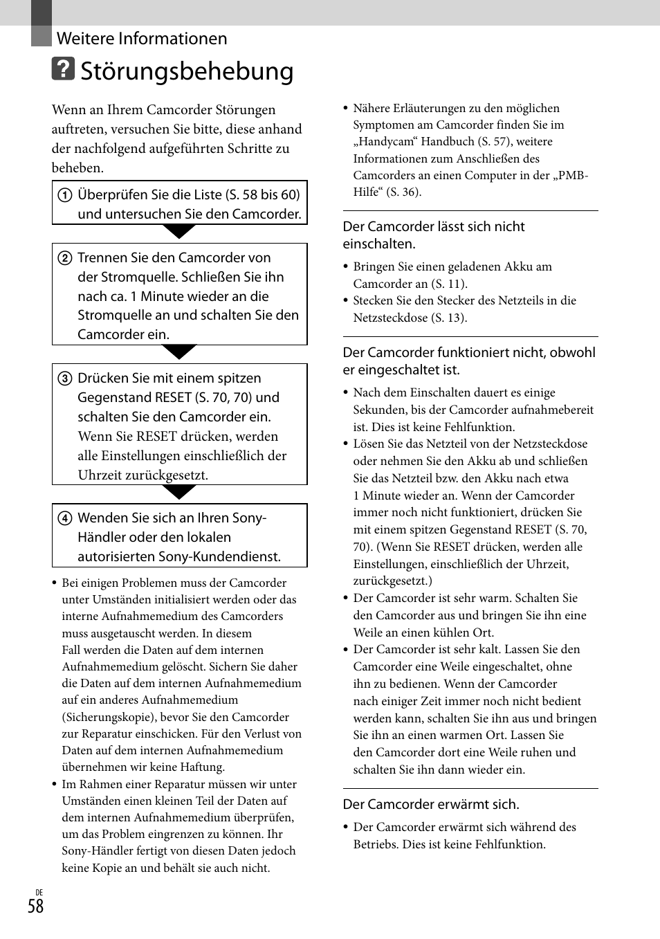 Weitere informationen, Störungsbehebung | Sony DCR-SX15E User Manual | Page 128 / 283