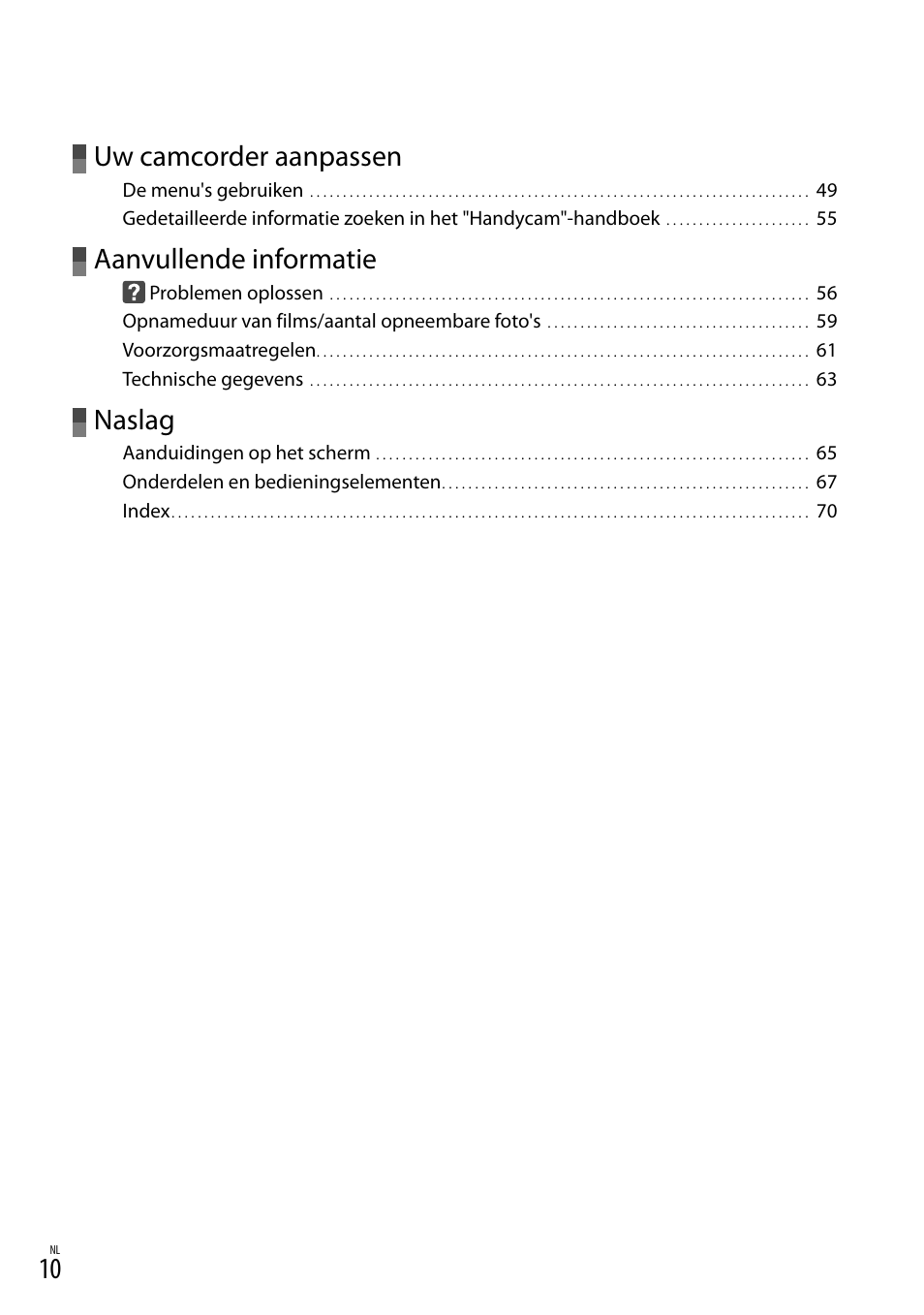 Uw camcorder aanpassen, Aanvullende informatie, Naslag | Sony DCR-SX15E User Manual | Page 152 / 283