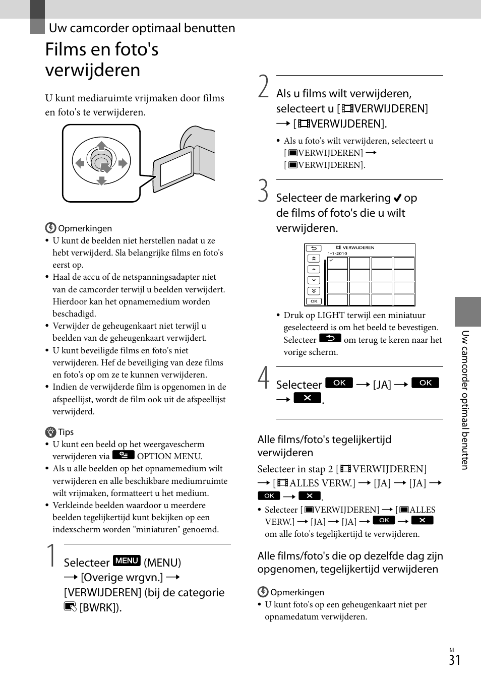 Uw camcorder optimaal benutten, Films en foto's verwijderen | Sony DCR-SX15E User Manual | Page 173 / 283