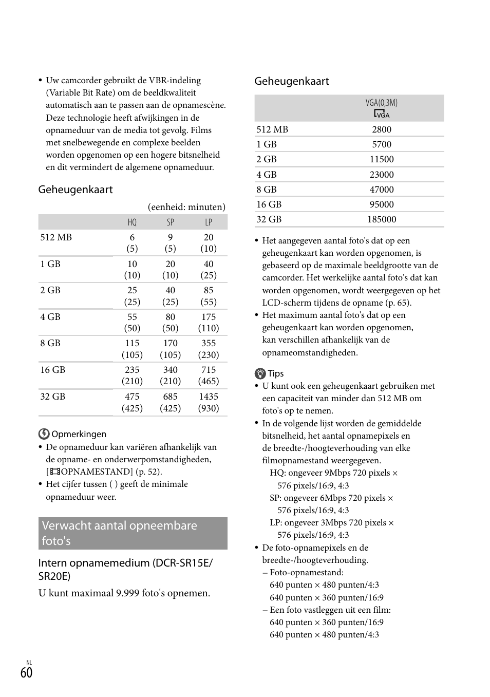 Verwacht aantal opneembare foto's, Geheugenkaart, Intern opnamemedium (dcr-sr15e/ sr20e) | Sony DCR-SX15E User Manual | Page 202 / 283