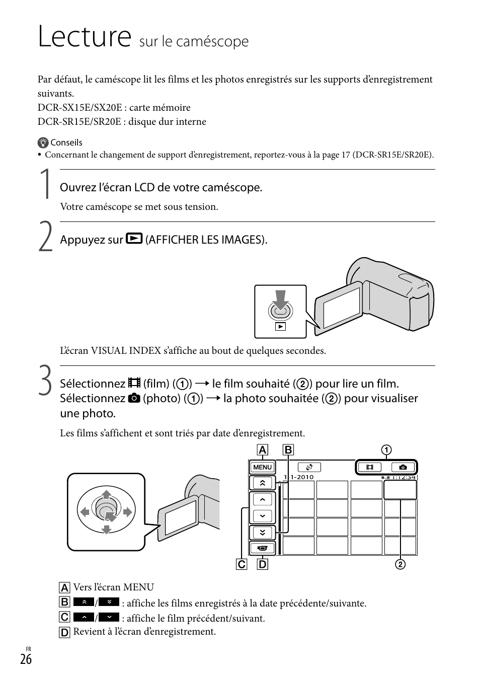 Lecture sur le caméscope, Lecture | Sony DCR-SX15E User Manual | Page 26 / 283