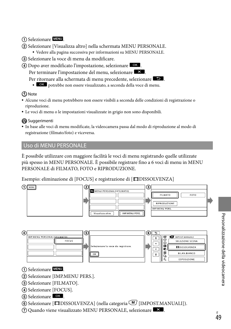 Uso di menu personale | Sony DCR-SX15E User Manual | Page 261 / 283