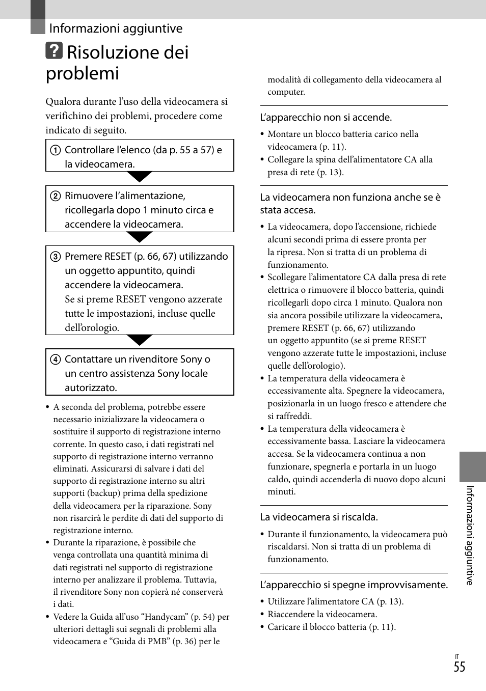 Informazioni aggiuntive, Risoluzione dei problemi | Sony DCR-SX15E User Manual | Page 267 / 283