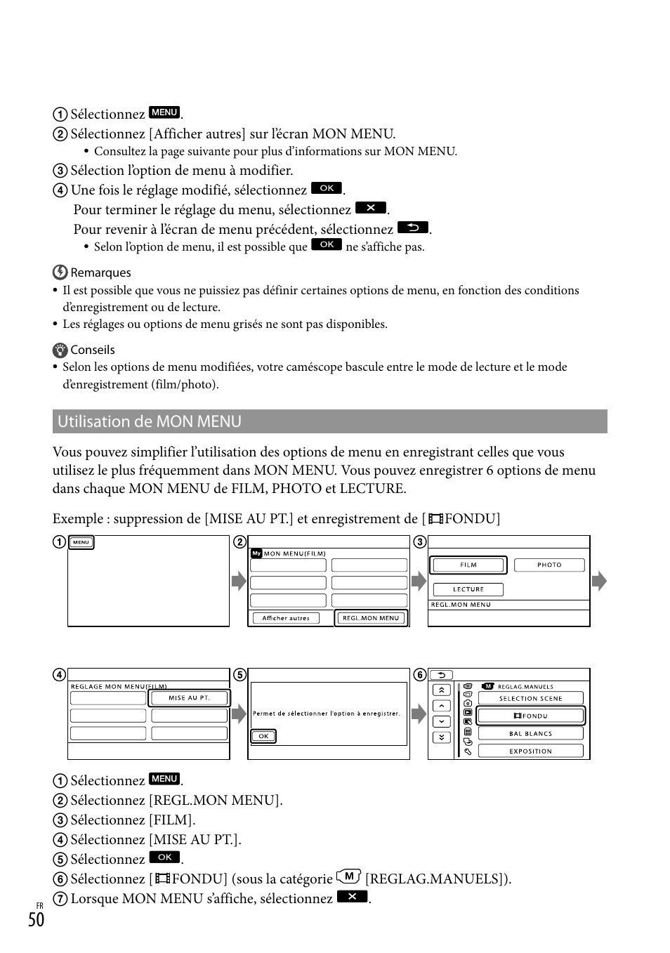 Utilisation de mon menu | Sony DCR-SX15E User Manual | Page 50 / 283