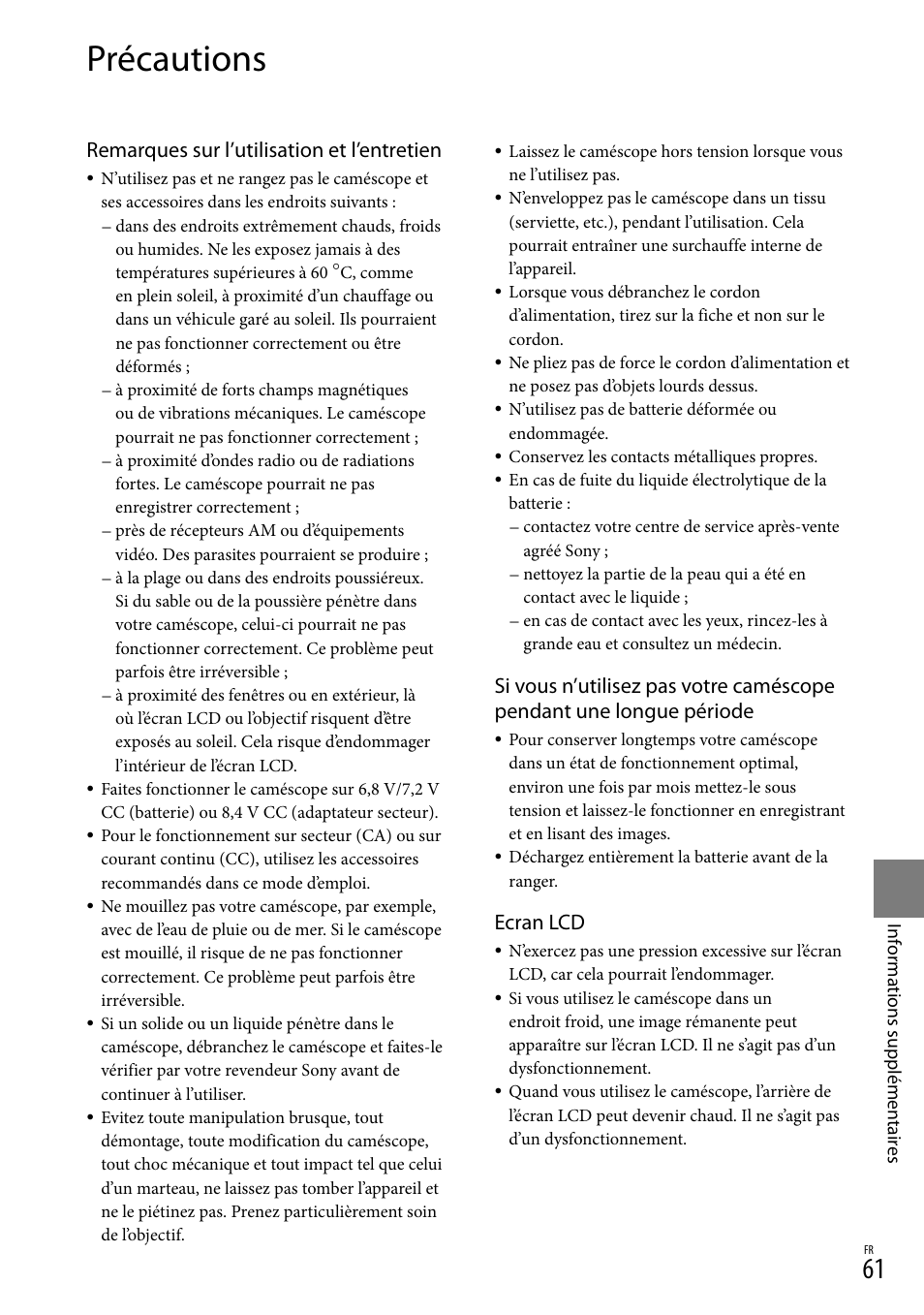 Précautions, Remarques sur l’utilisation et l’entretien, Ecran lcd | Sony DCR-SX15E User Manual | Page 61 / 283