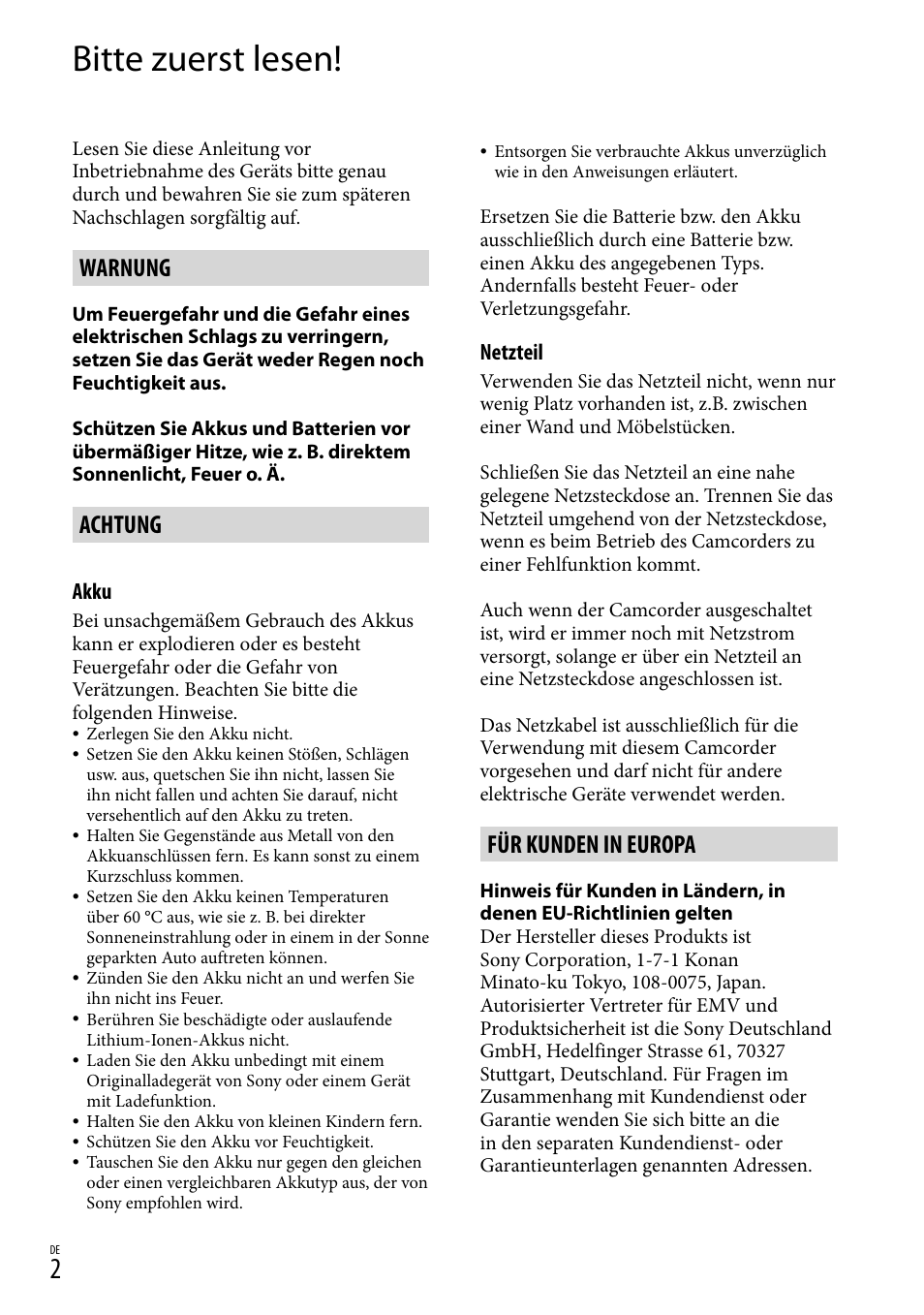 Bitte zuerst lesen, Warnung, Achtung | Für kunden in europa | Sony DCR-SX15E User Manual | Page 72 / 283