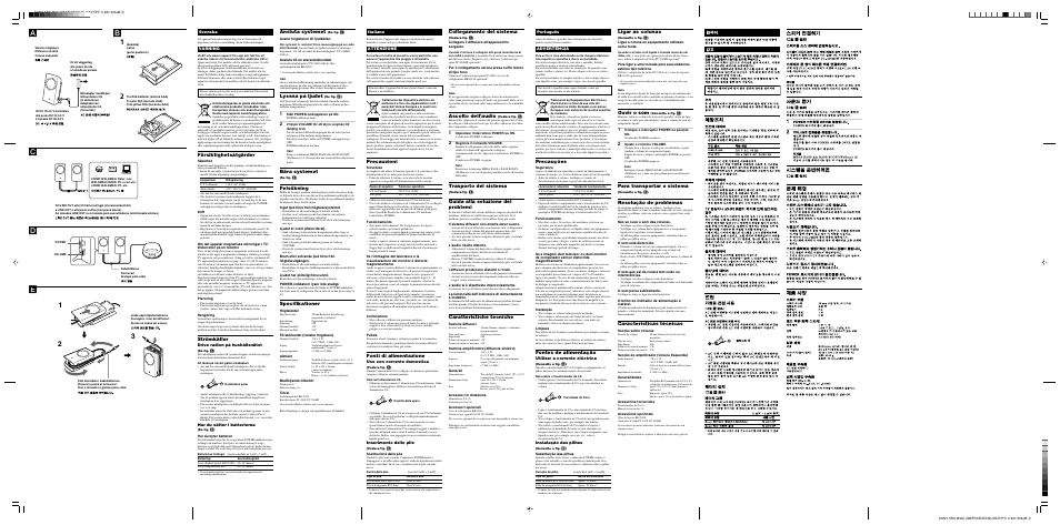Ec a, B2 1 3, Försiktighetsåtgärder | Strömkällor, Precauzioni, Fonti di alimentazione, Precauções, Fontes de alimentação, Ligar as colunas, Ouvir o som | Sony SRS-M30 User Manual | Page 2 / 2