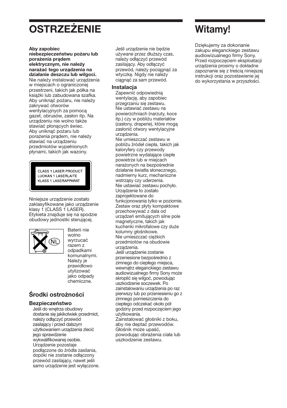 Witamy, Ostrzeżenie | Sony DAV-DS1000 User Manual | Page 260 / 344