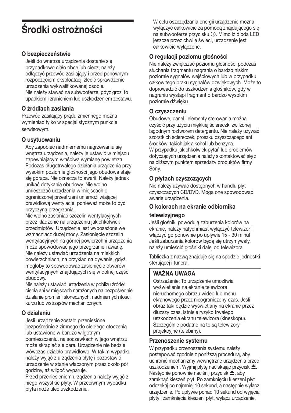 Środki ostrożności | Sony DAV-DS1000 User Manual | Page 261 / 344