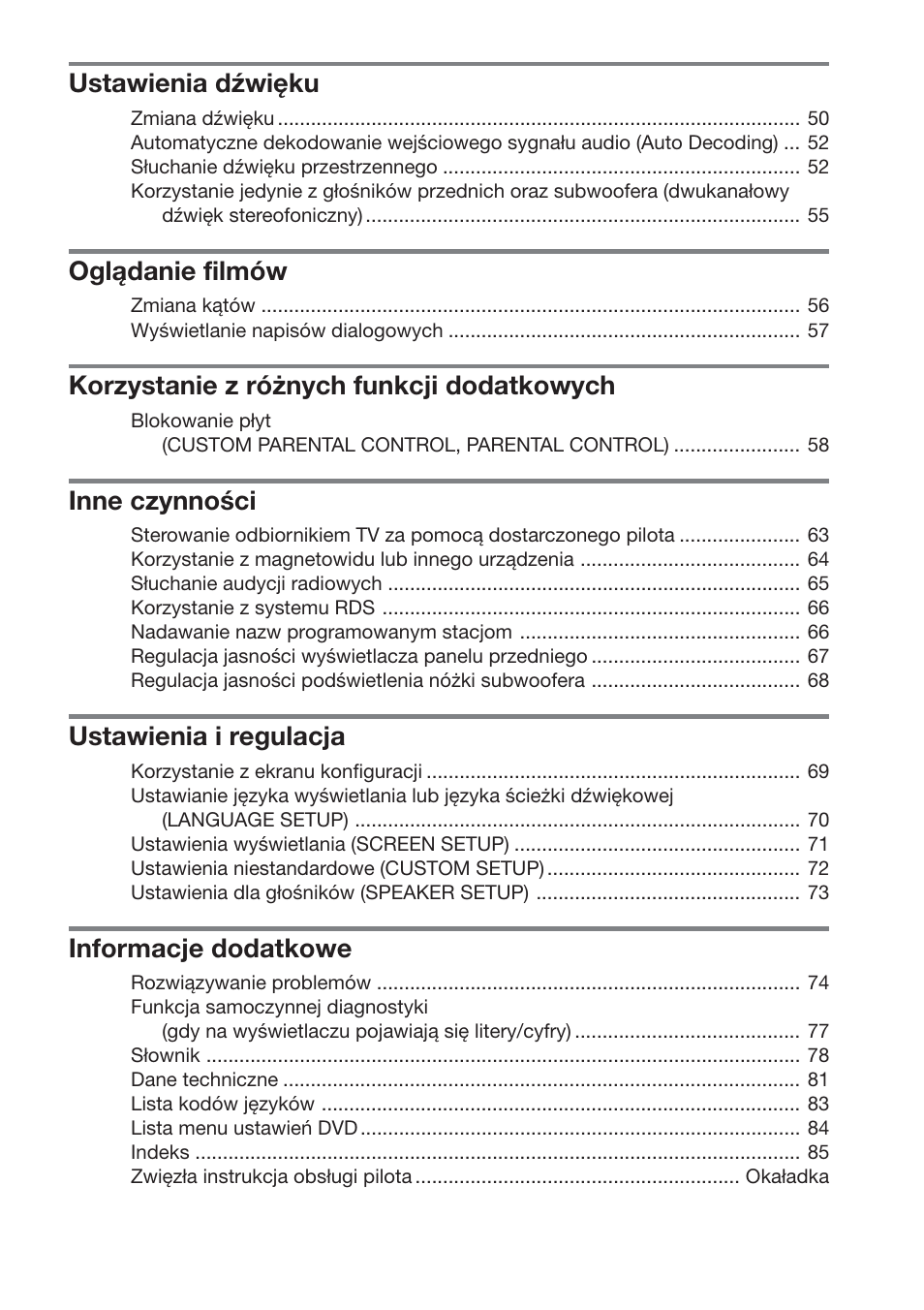 Ustawienia dźwięku, Oglądanie filmów, Korzystanie z różnych funkcji dodatkowych | Inne czynności, Ustawienia i regulacja, Informacje dodatkowe | Sony DAV-DS1000 User Manual | Page 263 / 344