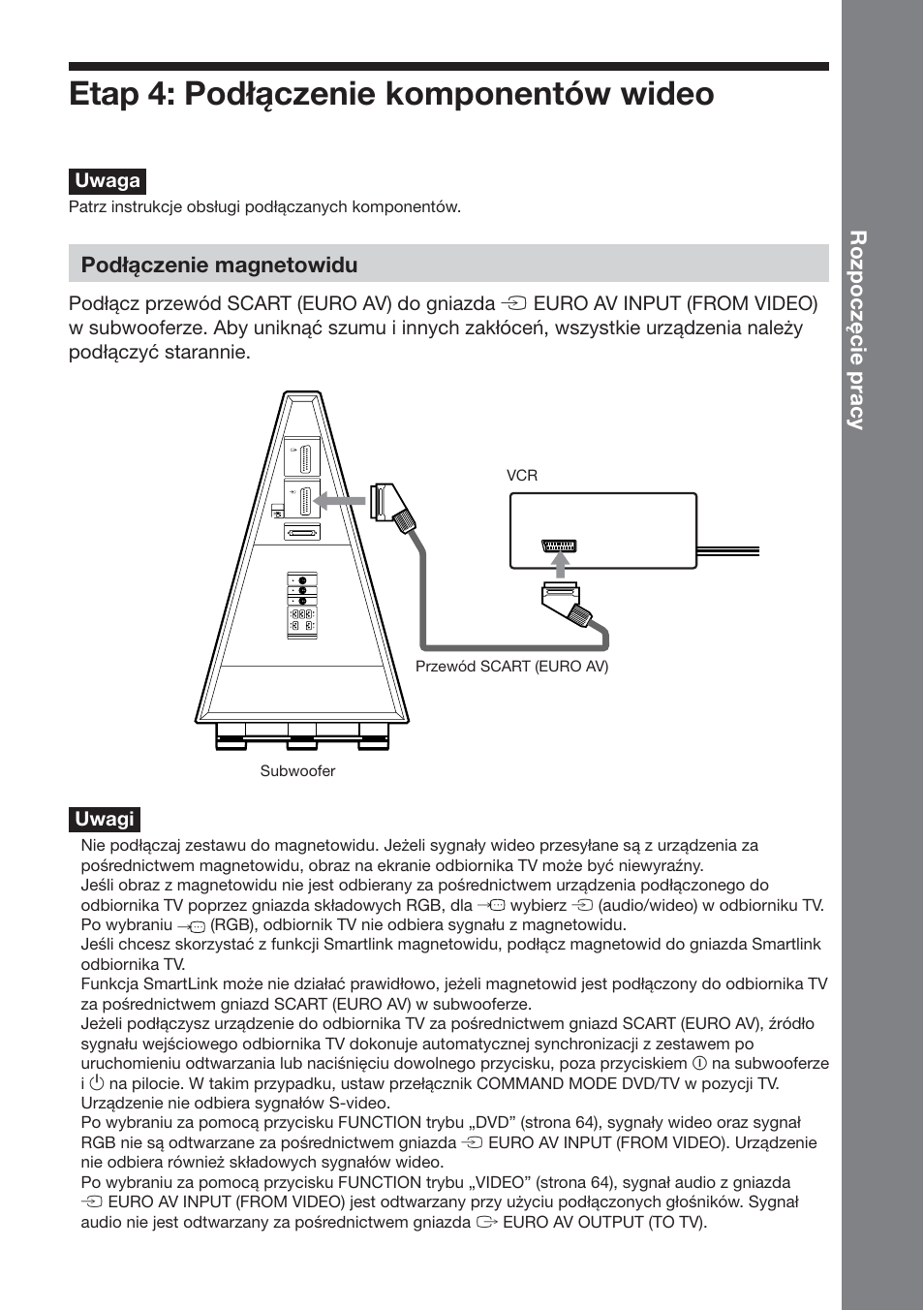 Etap 4: podłączenie komponentów wideo, Rozpoczęcie pracy, Podłączenie magnetowidu | Uwaga | Sony DAV-DS1000 User Manual | Page 285 / 344