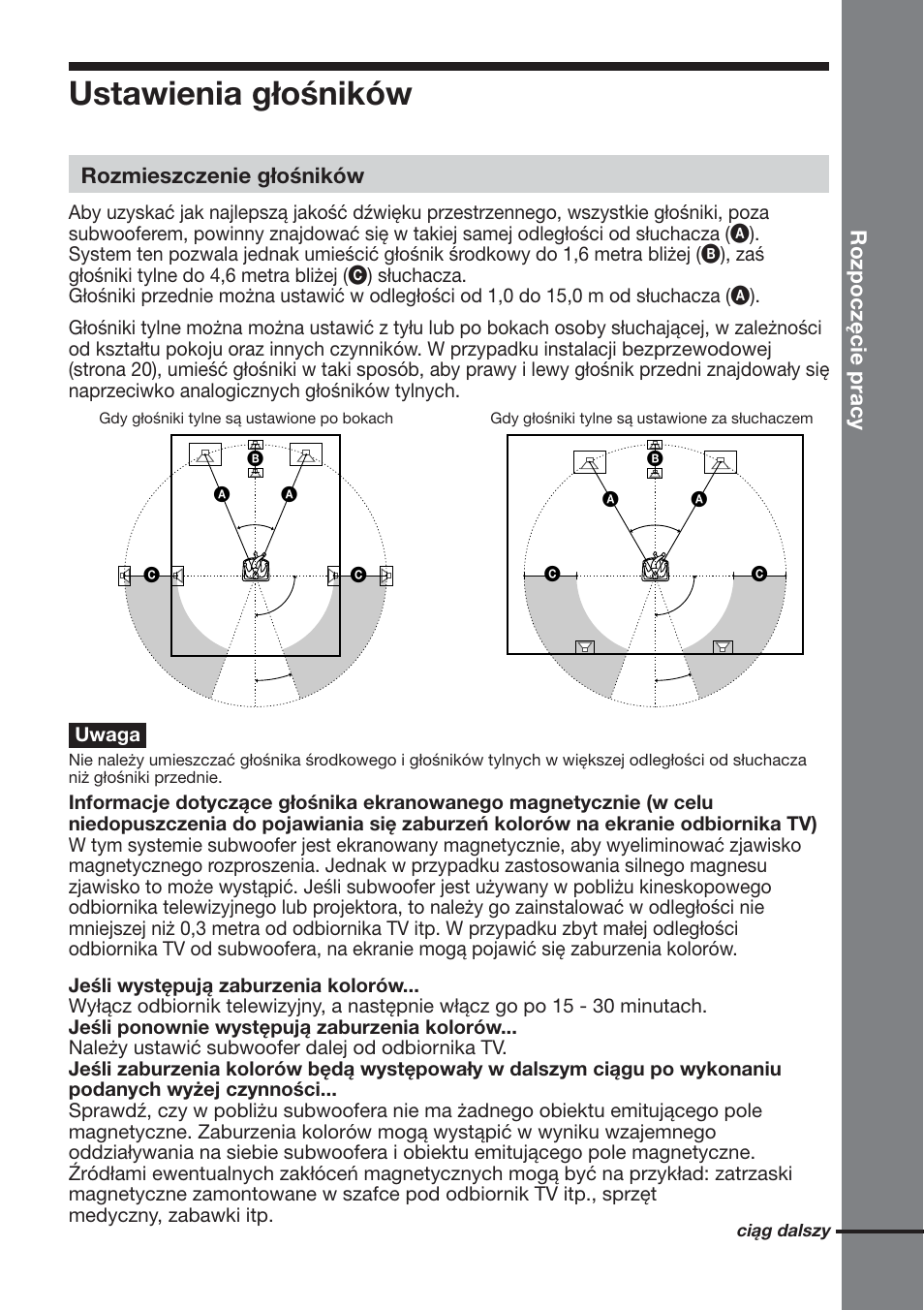 Ustawienia głośników, Rozpoczęcie pracy, Rozmieszczenie głośników | Sony DAV-DS1000 User Manual | Page 287 / 344
