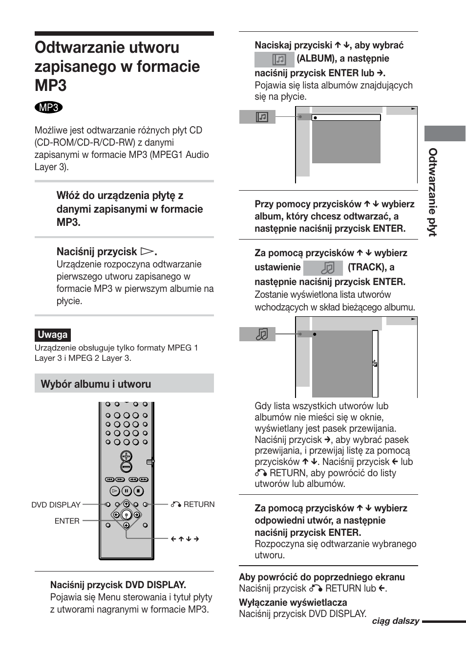 Odtwarzanie utworu zapisanego w formacie mp3, Odtwarzanie płyt, Naciśnij przycisk h | Wybór albumu i utworu | Sony DAV-DS1000 User Manual | Page 299 / 344
