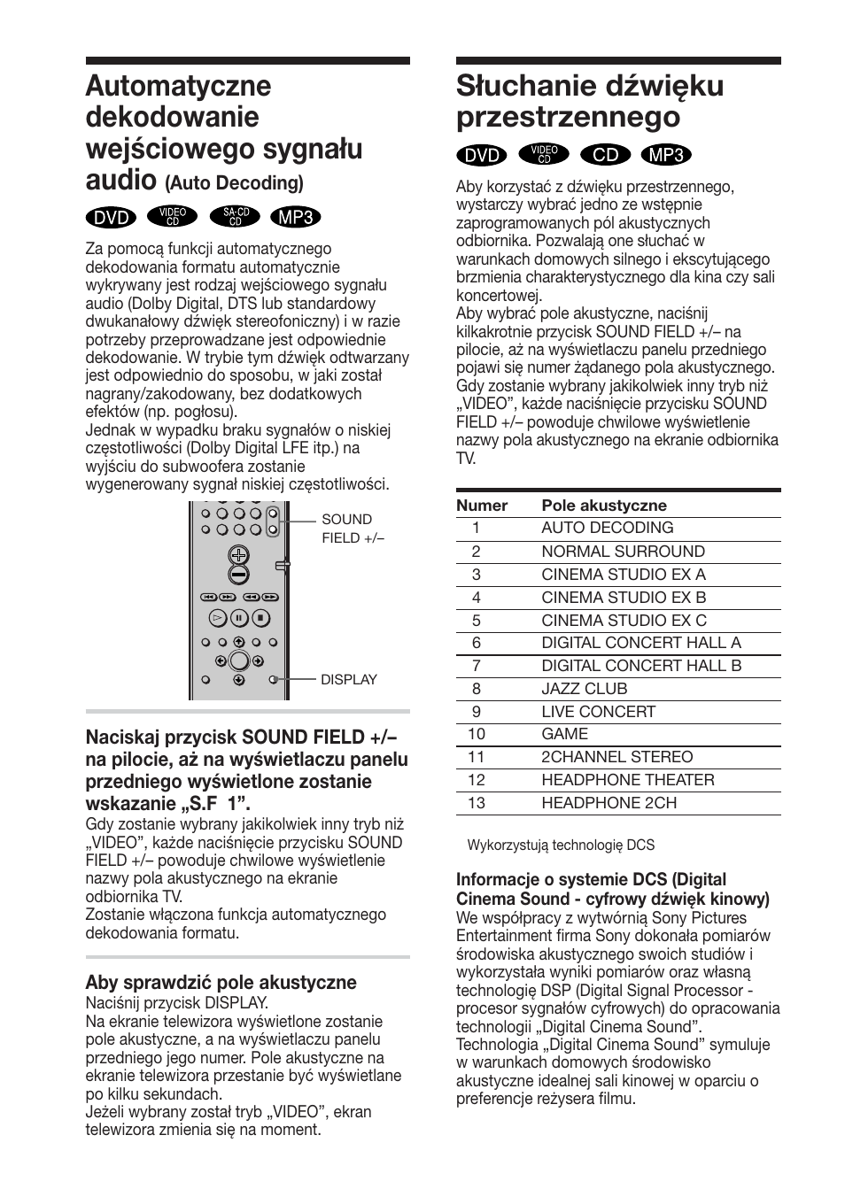 Automatyczne dekodowanie wejściowego sygnału audio, Słuchanie dźwięku przestrzennego | Sony DAV-DS1000 User Manual | Page 310 / 344