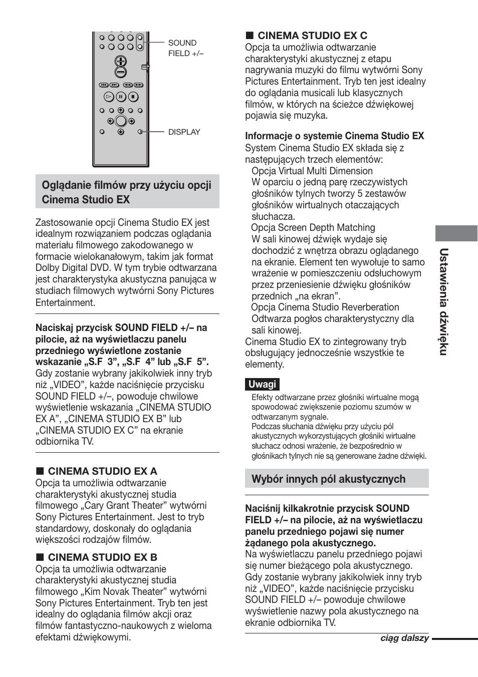Ustawienia dźwięku, Wybór innych pól akustycznych | Sony DAV-DS1000 User Manual | Page 311 / 344