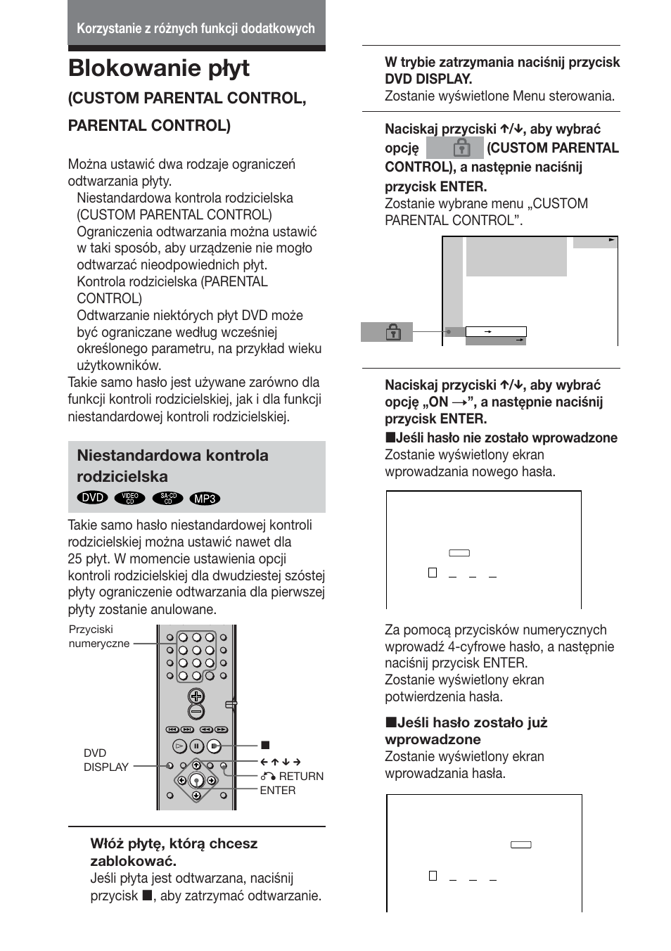 Blokowanie płyt, Custom parental control, parental control), Niestandardowa kontrola rodzicielska | Sony DAV-DS1000 User Manual | Page 316 / 344