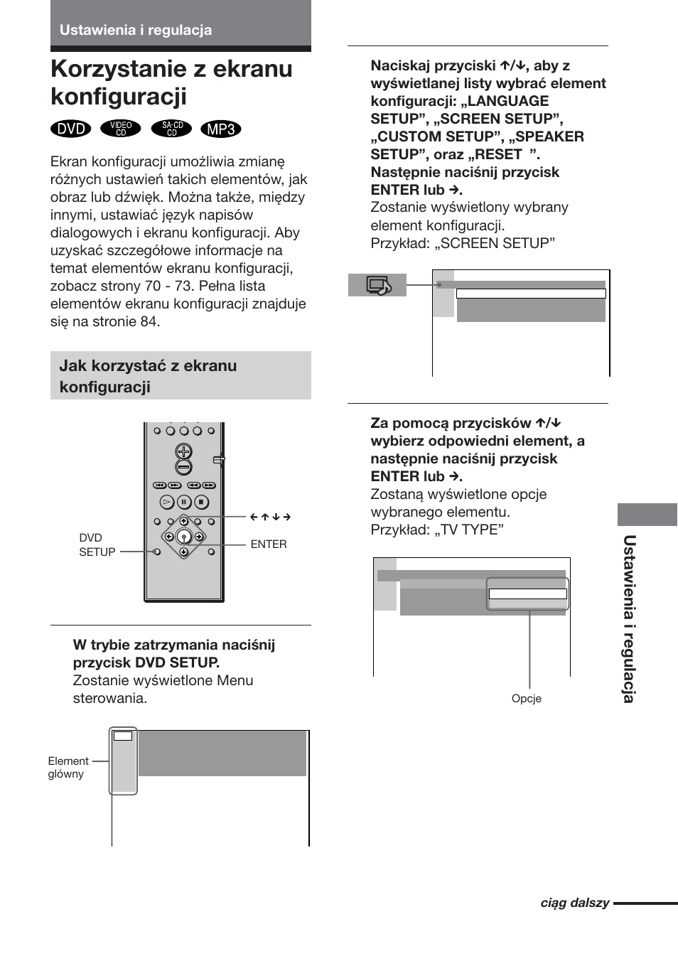 Korzystanie z ekranu konfiguracji, Ustawienia i r egulacja, Jak korzystać z ekranu konfiguracji | Sony DAV-DS1000 User Manual | Page 327 / 344