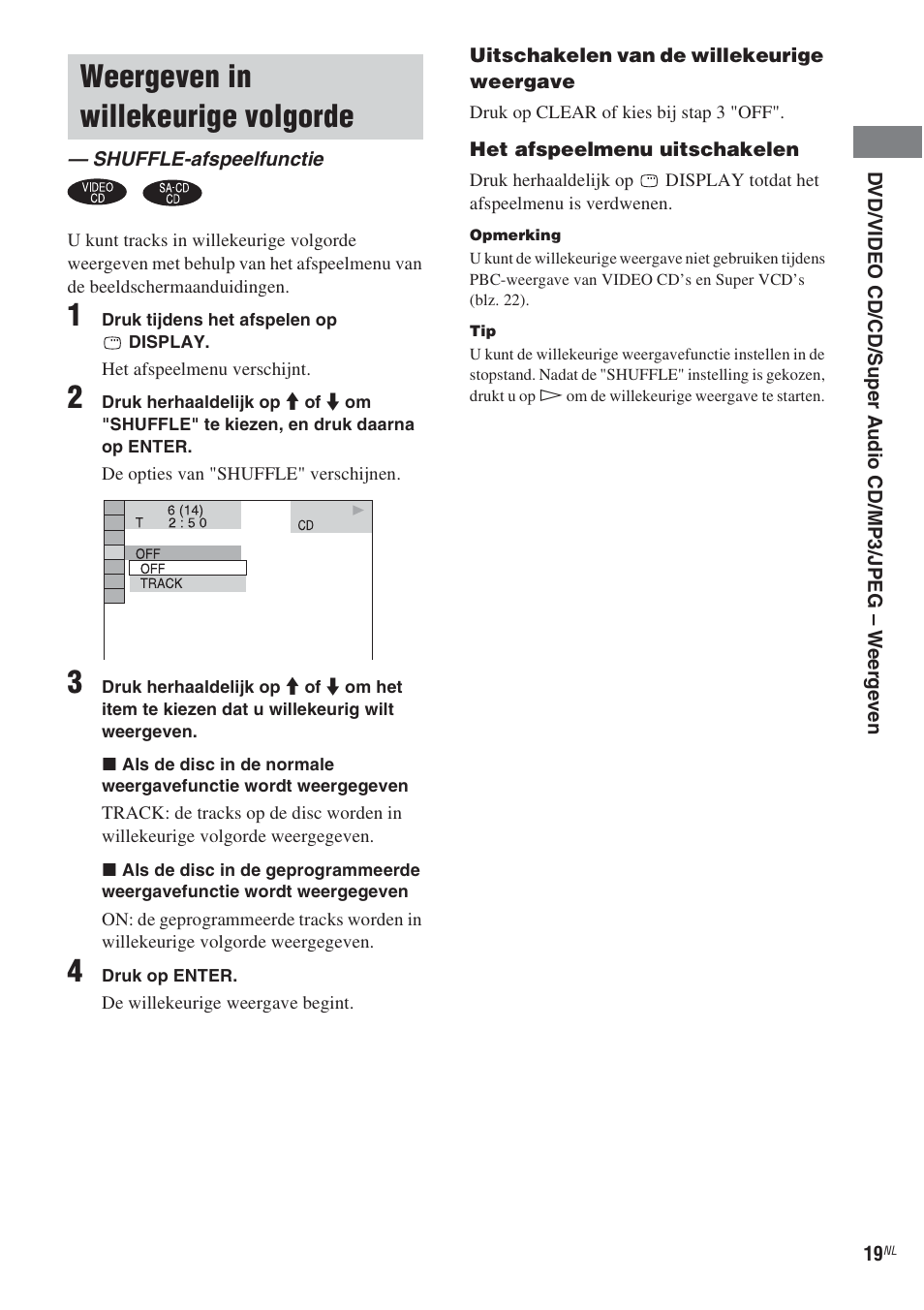 Weergeven in willekeurige volgorde, Shuffle-afspeelfunctie, Blz. 19) | Sony CMT-WS2D User Manual | Page 101 / 244