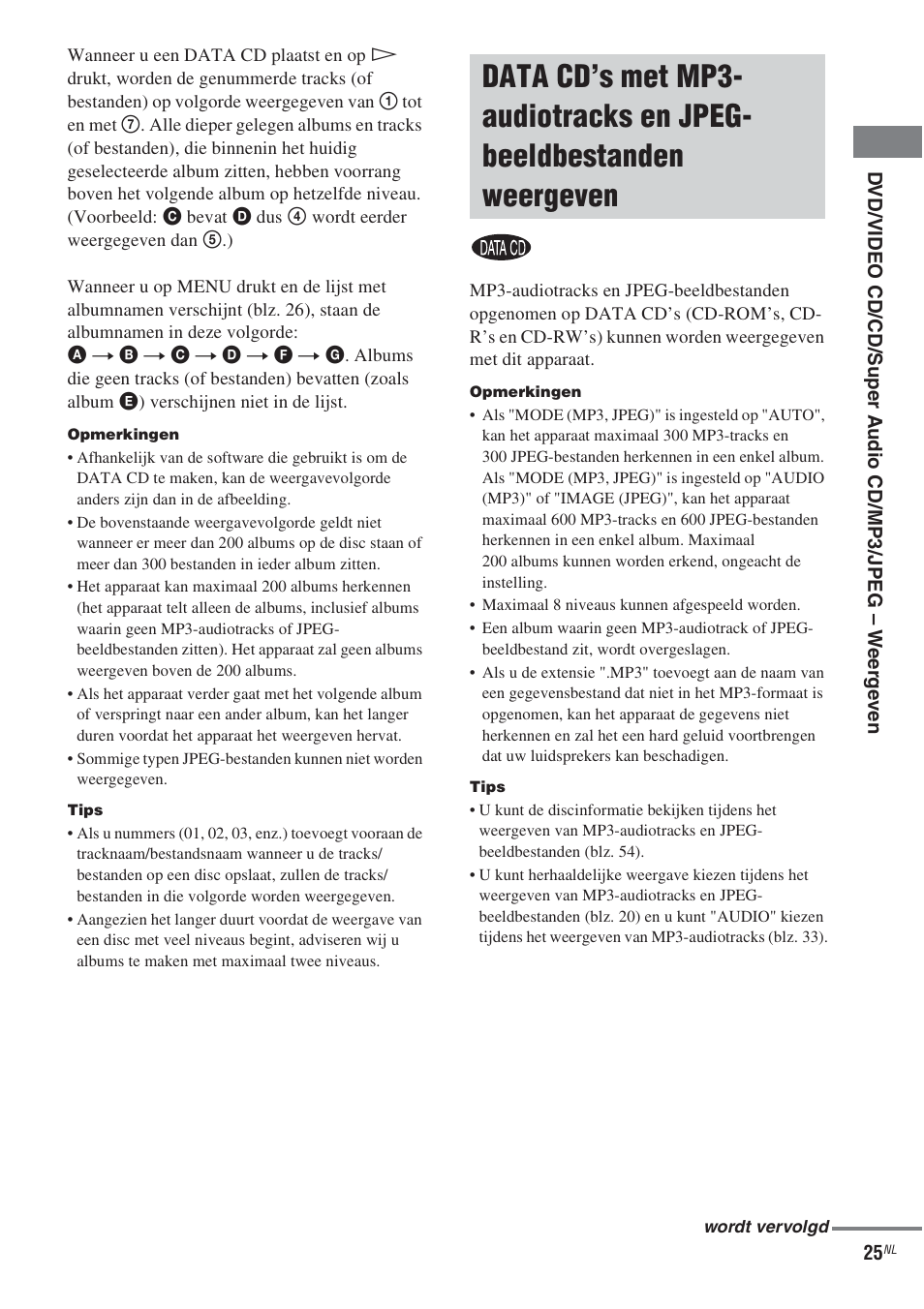 Data cd’s met mp3-audiotracks en, Jpeg-beeldbestanden weergeven | Sony CMT-WS2D User Manual | Page 107 / 244