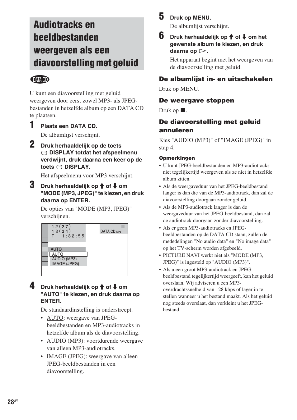 Audiotracks en beeldbestanden, Weergeven als een diavoorstelling met geluid | Sony CMT-WS2D User Manual | Page 110 / 244