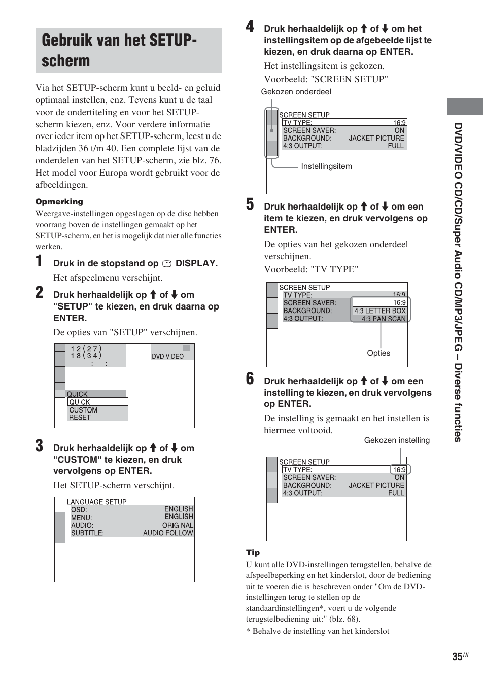 Gebruik van het setup- scherm, Gebruik van het setup-scherm, Gebruik van het setup-scherm" (blz. 35) | Sony CMT-WS2D User Manual | Page 117 / 244