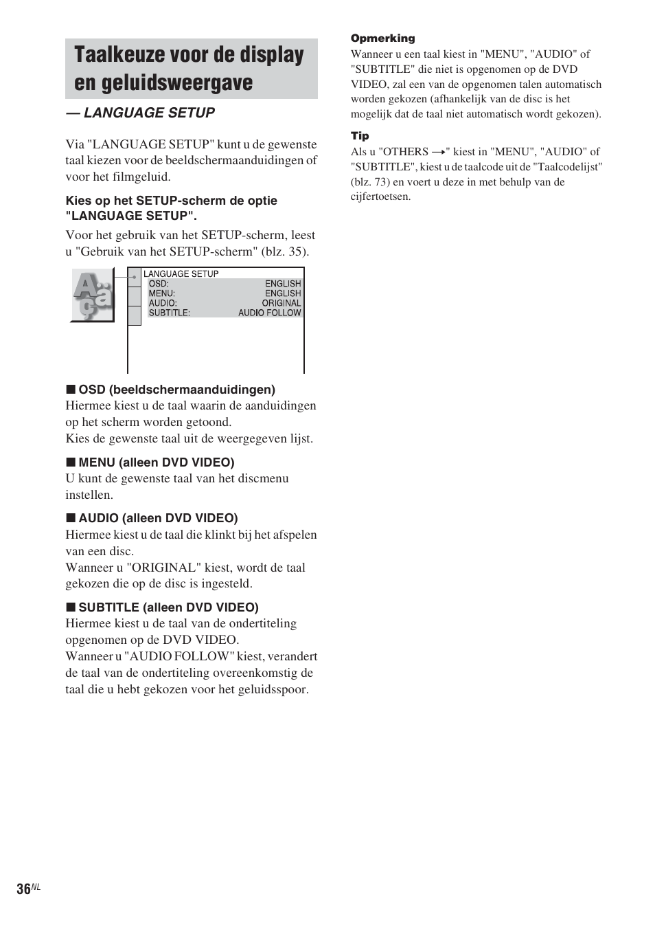 Taalkeuze voor de display en geluidsweergave, Language setup, Taalkeuze voor de display en | Geluidsweergave — language setup, E" (blz. 36), 36 t | Sony CMT-WS2D User Manual | Page 118 / 244