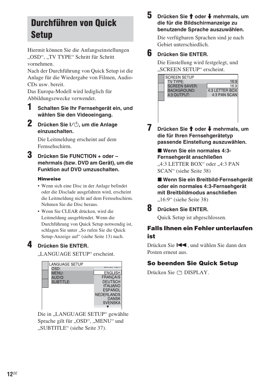 Durchführen von quick setup | Sony CMT-WS2D User Manual | Page 12 / 244