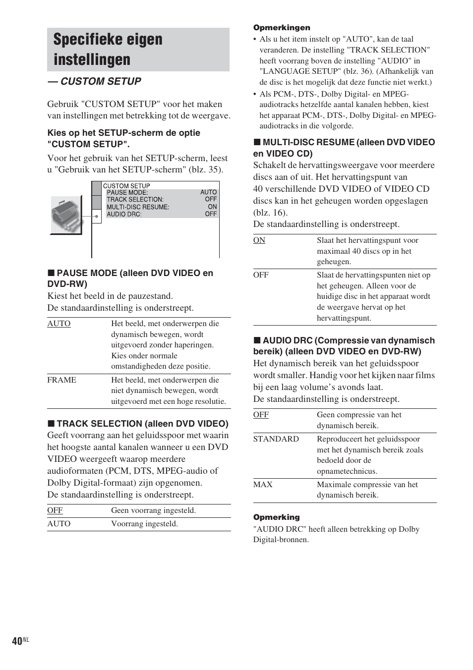 Specifieke eigen instellingen, Custom setup, M 40 | Sony CMT-WS2D User Manual | Page 122 / 244