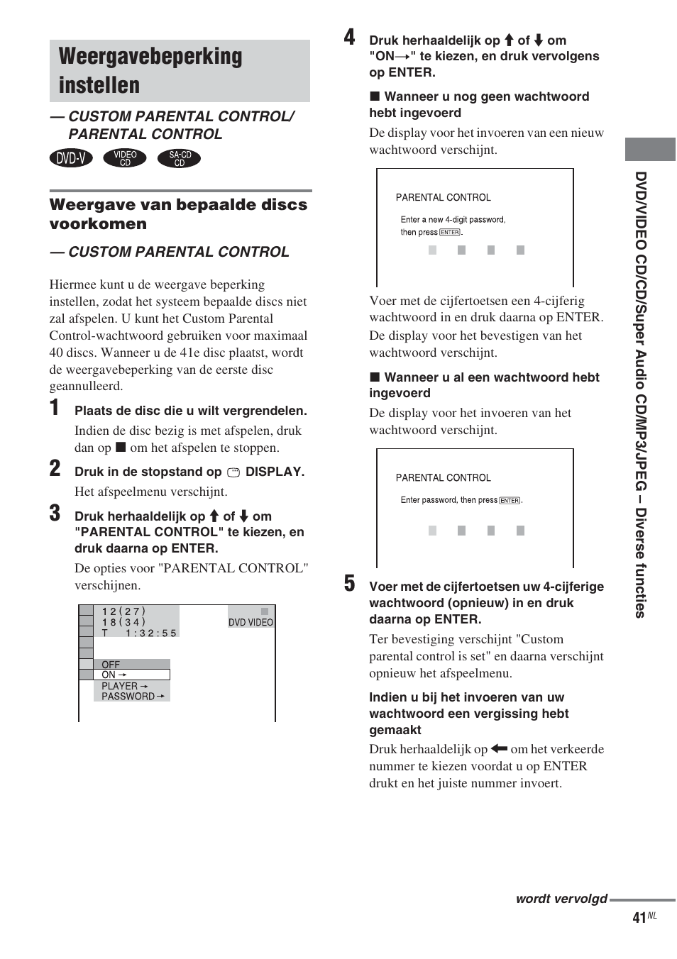 Weergavebeperking instellen, Custom parental control/ parental control, Custom parental control/parental control | Sony CMT-WS2D User Manual | Page 123 / 244