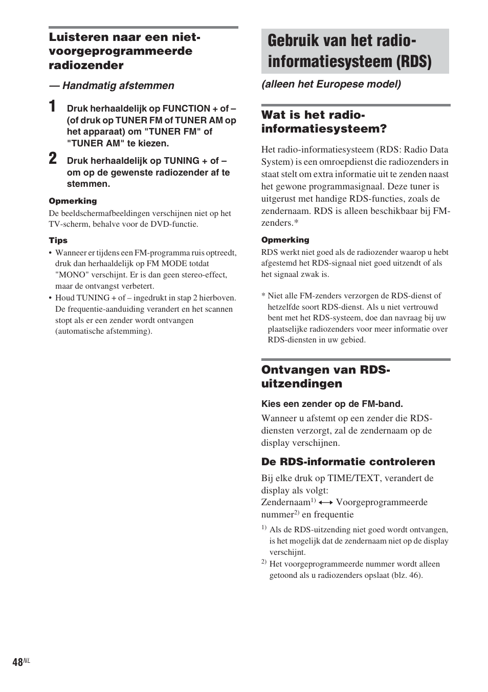 Handmatig afstemmen, Gebruik van het radio- informatiesysteem (rds), Alleen het europese model) | Gebruik van het radio-informatiesysteem, Rds) (alleen het europese model), Wat is het radio- informatiesysteem, Ontvangen van rds- uitzendingen | Sony CMT-WS2D User Manual | Page 130 / 244