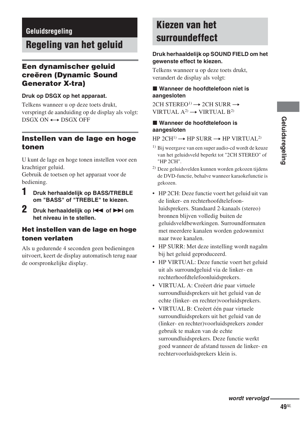 Geluidsregeling, Regeling van het geluid, Kiezen van het surroundeffect | Sony CMT-WS2D User Manual | Page 131 / 244