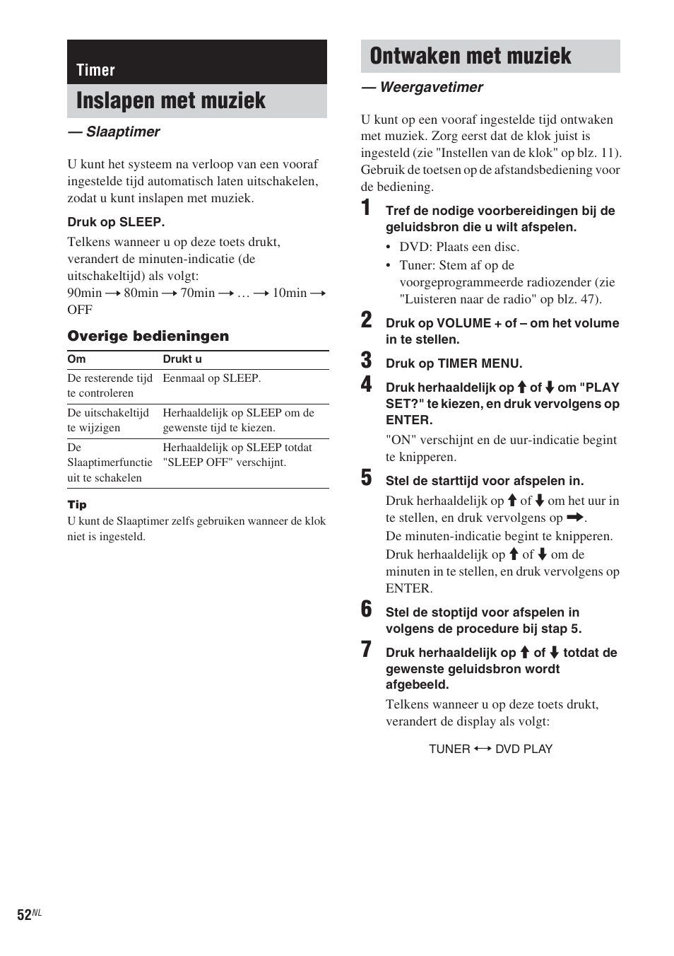 Timer, Inslapen met muziek, Slaaptimer | Ontwaken met muziek, Weergavetimer | Sony CMT-WS2D User Manual | Page 134 / 244