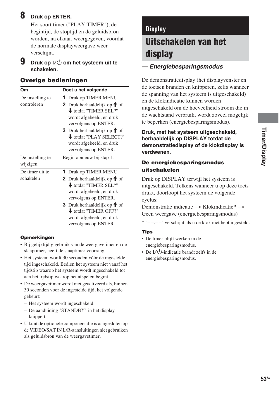 Display, Uitschakelen van het display, Energiebesparingsmodus | Sony CMT-WS2D User Manual | Page 135 / 244