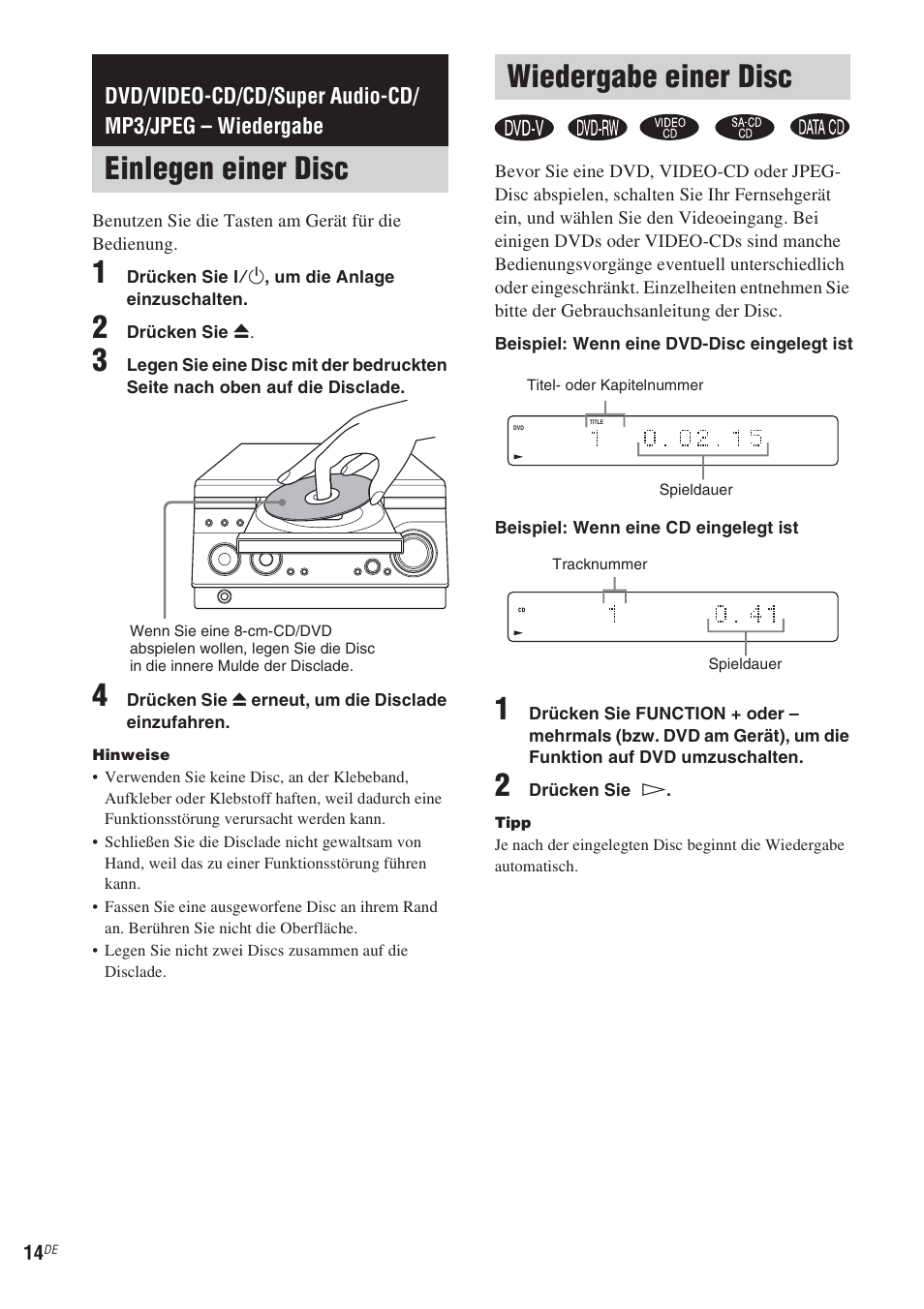 Einlegen einer disc, Wiedergabe einer disc, Einlegen einer disc wiedergabe einer disc | Sony CMT-WS2D User Manual | Page 14 / 244