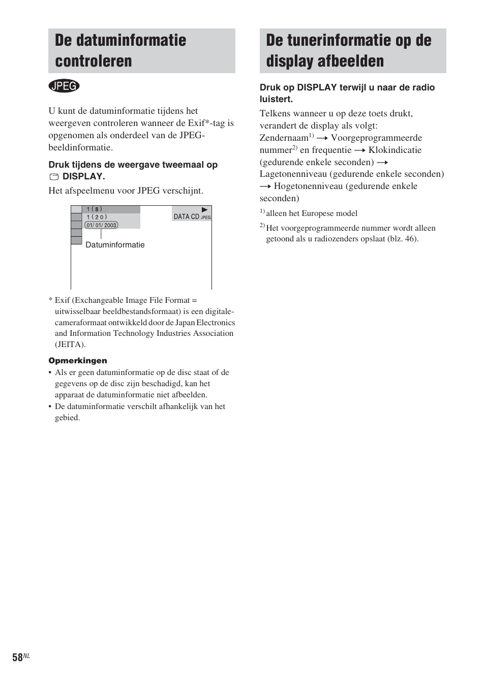 De datuminformatie controleren, De tunerinformatie op de display afbeelden, Afbeelden | Sony CMT-WS2D User Manual | Page 140 / 244